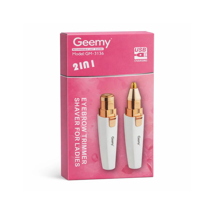 شیور(موزن) دوکاره صورت و گوش و بینی برند جیمی Geemy مدل: GM-3136 کاربرد: ابرو، صورت، بینی و گوش منبع تغذیه: شارژی USB تعداد سری: 2 عدد رنگ: سفید و طلایی مناسب برای: استفاده روزمره و سفر