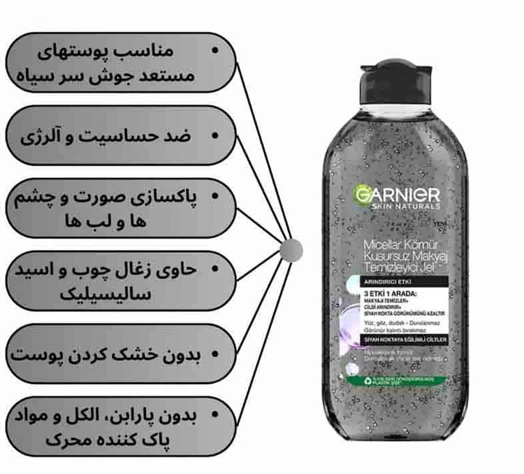 میسلار ژل پاککننده گارنیر مدل Charcoal - کنترل چربی و پاکسازی عمیق بدون ایجاد خشکی